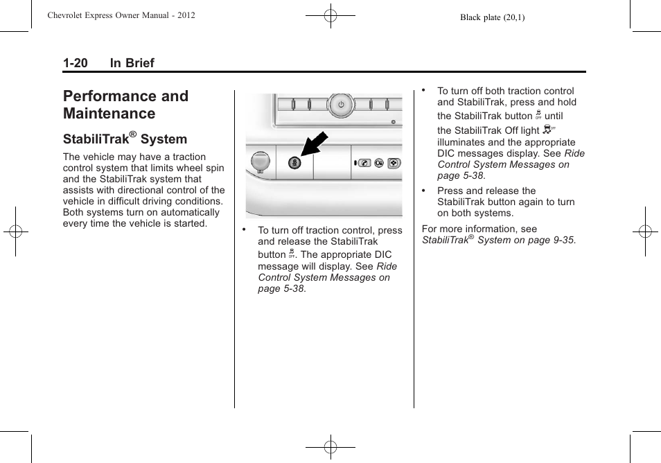 Performance and maintenance, Stabilitrak® system, Performance and | Maintenance -20, Airbag system, Stabilitrak, System -20, System | CHEVROLET 2012 Express User Manual | Page 26 / 430