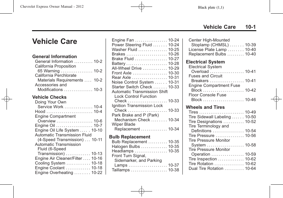 Vehicle care, Vehicle care -1, Vehicle care 10-1 | CHEVROLET 2012 Express User Manual | Page 265 / 430