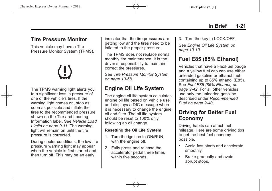 Tire pressure monitor, Engine oil life system, Fuel e85 (85% ethanol) | Driving for better fuel economy, Tire pressure monitor -21, Oil life system -21, E85 (85% ethanol) -21 driving for better fuel, Economy -21 | CHEVROLET 2012 Express User Manual | Page 27 / 430