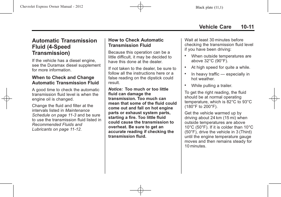 Automatic transmission fluid, Speed transmission) -11, Bulb | Vehicle care 10-11 | CHEVROLET 2012 Express User Manual | Page 275 / 430