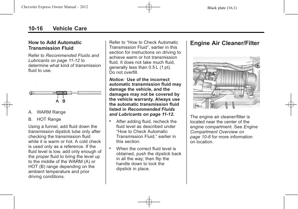 Engine air cleaner/filter, Engine air cleaner/filter -16, Engine air cleaner/filter on | 16 vehicle care | CHEVROLET 2012 Express User Manual | Page 280 / 430