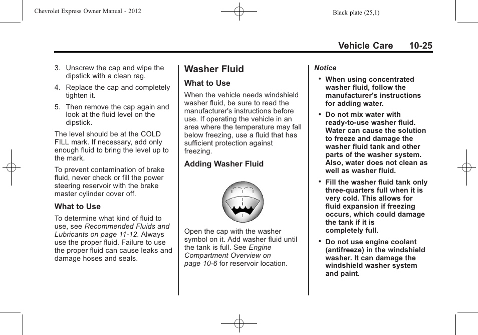 Washer fluid, Washer fluid -25, License | Vehicle care 10-25 | CHEVROLET 2012 Express User Manual | Page 289 / 430