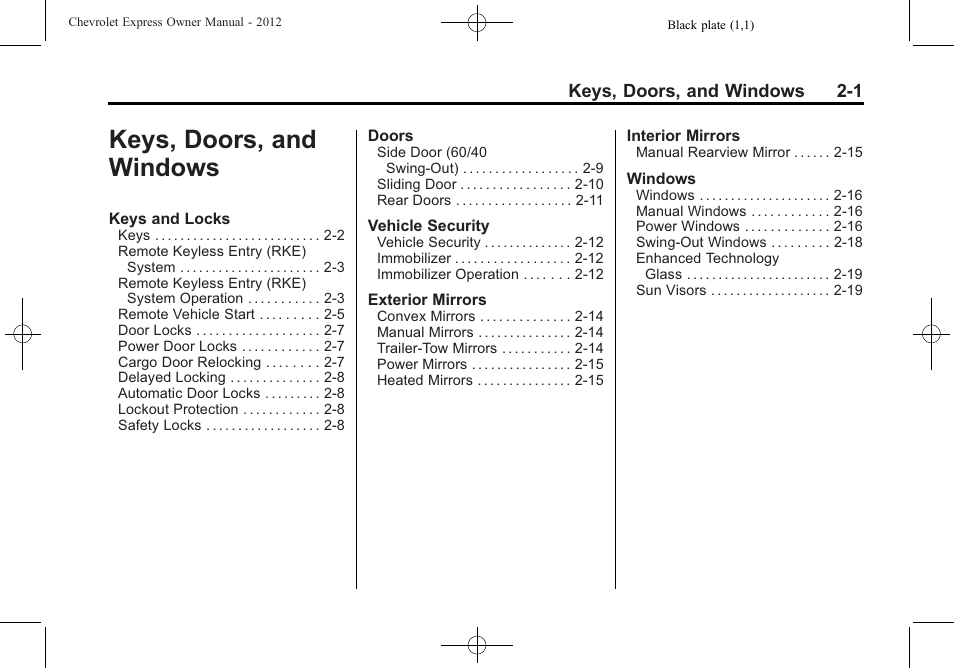 Keys, doors, and windows, Keys, doors, and, Windows -1 | CHEVROLET 2012 Express User Manual | Page 29 / 430