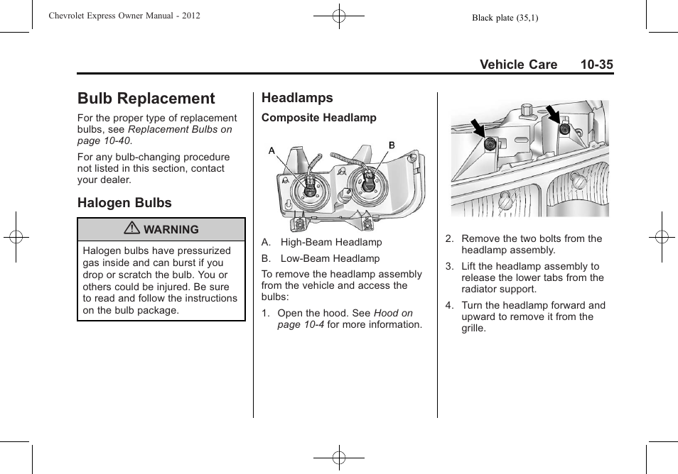 Bulb replacement, Halogen bulbs, Headlamps | Replacement -35, Replacement -35 halogen bulbs -35 headlamps -35 | CHEVROLET 2012 Express User Manual | Page 299 / 430