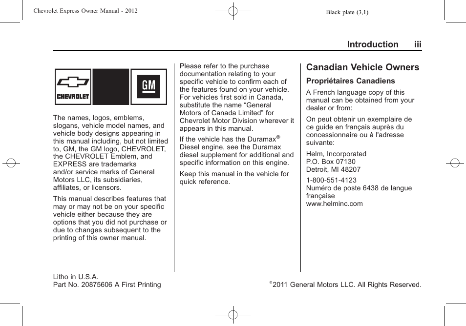 Introduction, Canadian vehicle owners, Introduction iii | CHEVROLET 2012 Express User Manual | Page 3 / 430