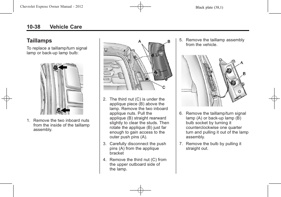 Taillamps, 38 vehicle care | CHEVROLET 2012 Express User Manual | Page 302 / 430