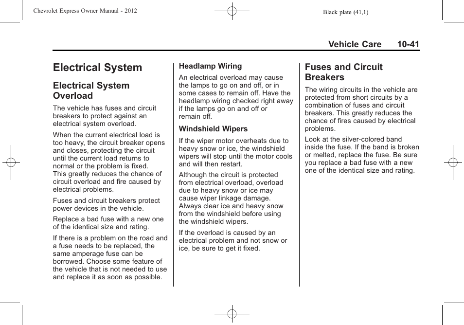 Electrical system, Electrical system overload, Fuses and circuit breakers | Customer, Overload -41, And circuit, Breakers -41 | CHEVROLET 2012 Express User Manual | Page 305 / 430