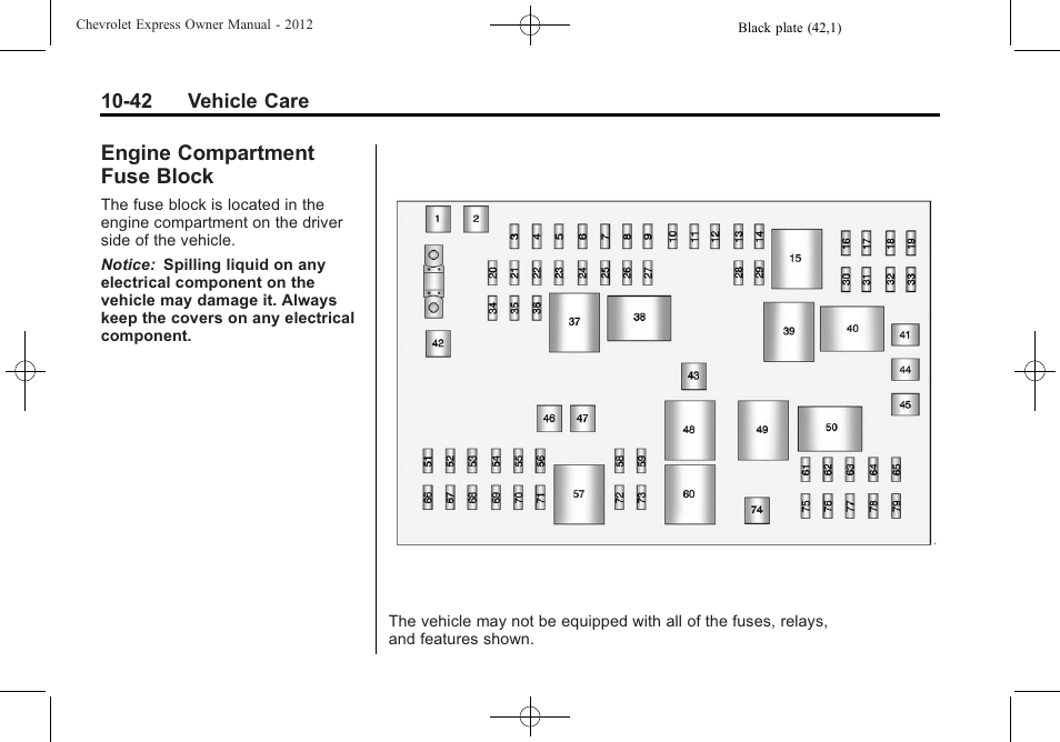 Engine compartment fuse block, Engine compartment fuse, Block -42 | CHEVROLET 2012 Express User Manual | Page 306 / 430