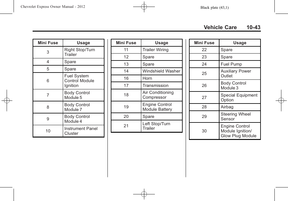 Vehicle care 10-43 | CHEVROLET 2012 Express User Manual | Page 307 / 430