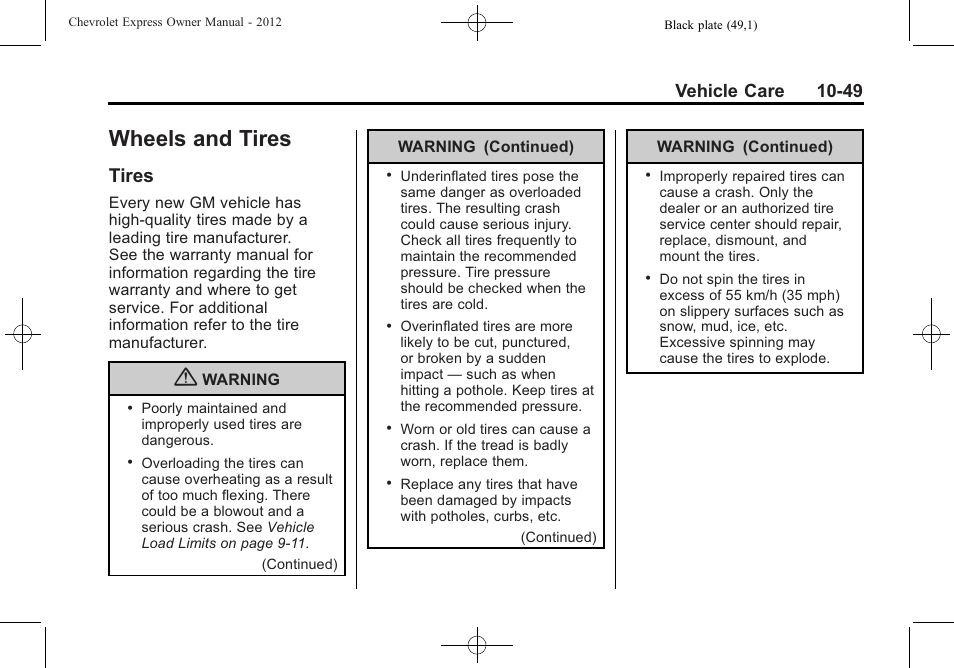 Wheels and tires, Tires, Wheels and tires -49 | Customer information -1, Tires -49, Vehicle care 10-49 | CHEVROLET 2012 Express User Manual | Page 313 / 430