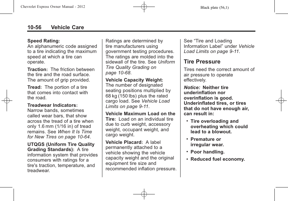 Tire pressure, Tire pressure -56, 56 vehicle care | CHEVROLET 2012 Express User Manual | Page 320 / 430