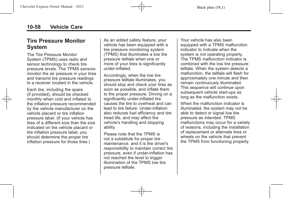 Tire pressure monitor system, Tire pressure monitor, System -58 | CHEVROLET 2012 Express User Manual | Page 322 / 430
