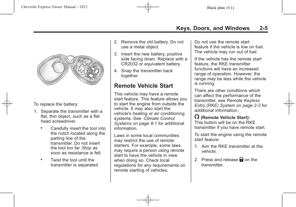 Remote vehicle start, Remote vehicle start -5, Keys, doors, and windows 2-5 | CHEVROLET 2012 Express User Manual | Page 33 / 430