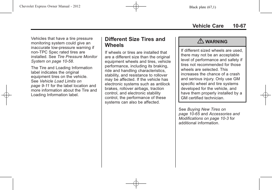 Different size tires and wheels, Different size tires and, Wheels -67 | CHEVROLET 2012 Express User Manual | Page 331 / 430