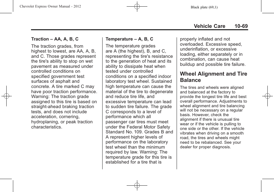 Wheel alignment and tire balance, Wheel alignment and tire, Balance -69 | CHEVROLET 2012 Express User Manual | Page 333 / 430