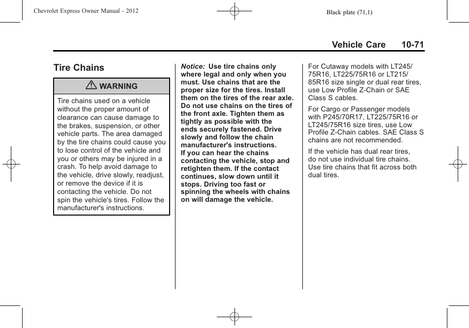 Tire chains, Tire chains -71 | CHEVROLET 2012 Express User Manual | Page 335 / 430