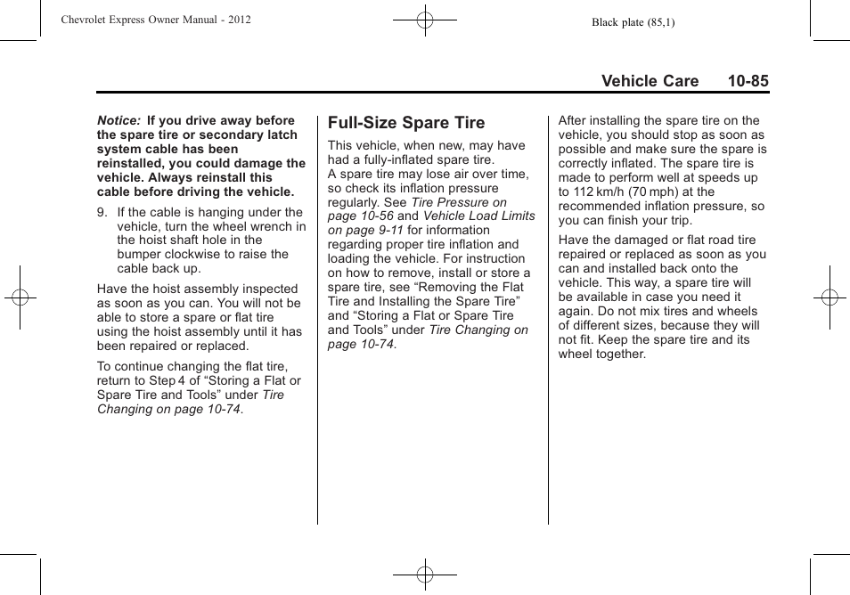 Full-size spare tire, Full-size spare tire -85 | CHEVROLET 2012 Express User Manual | Page 349 / 430