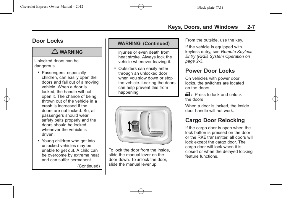 Door locks, Power door locks, Cargo door relocking | CHEVROLET 2012 Express User Manual | Page 35 / 430