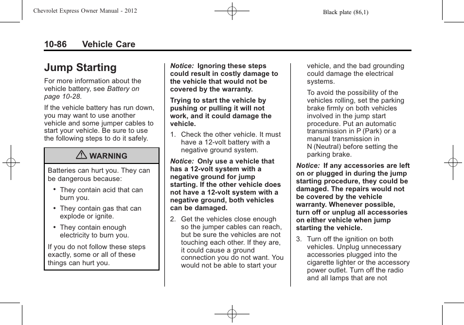 Jump starting, Starting -86, Jump starting -86 | 86 vehicle care | CHEVROLET 2012 Express User Manual | Page 350 / 430