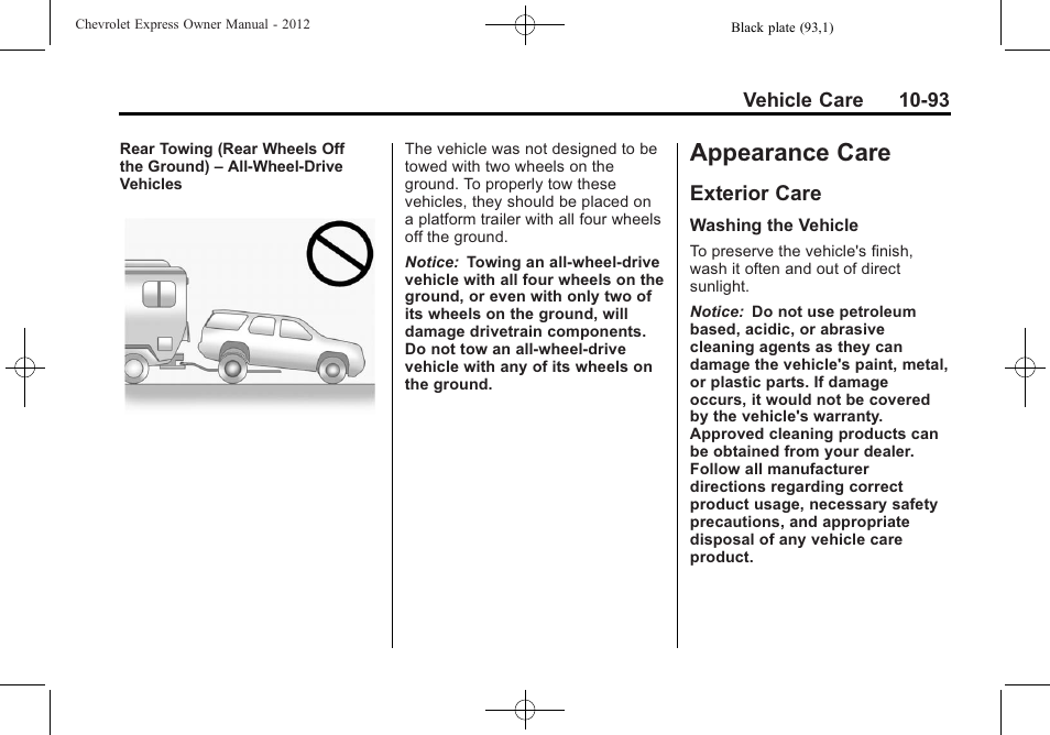 Appearance care, Exterior care, Appearance care -93 | Privacy -20, Exterior care -93 | CHEVROLET 2012 Express User Manual | Page 357 / 430