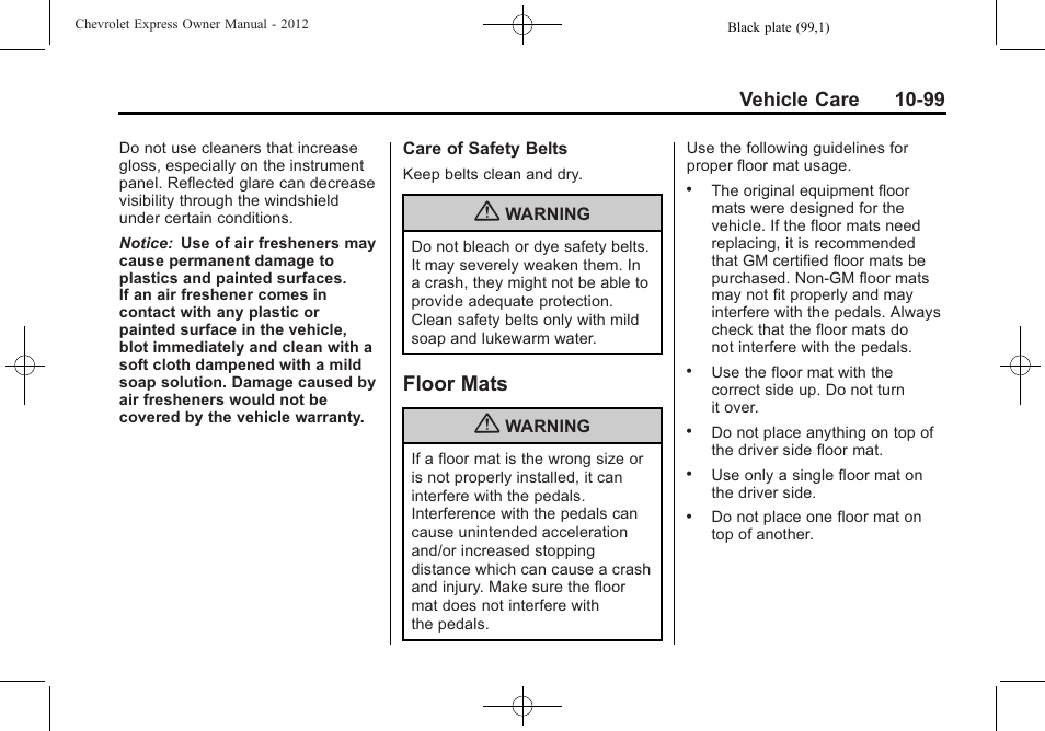 Floor mats, Floor mats -99, Vehicle care 10-99 | CHEVROLET 2012 Express User Manual | Page 363 / 430