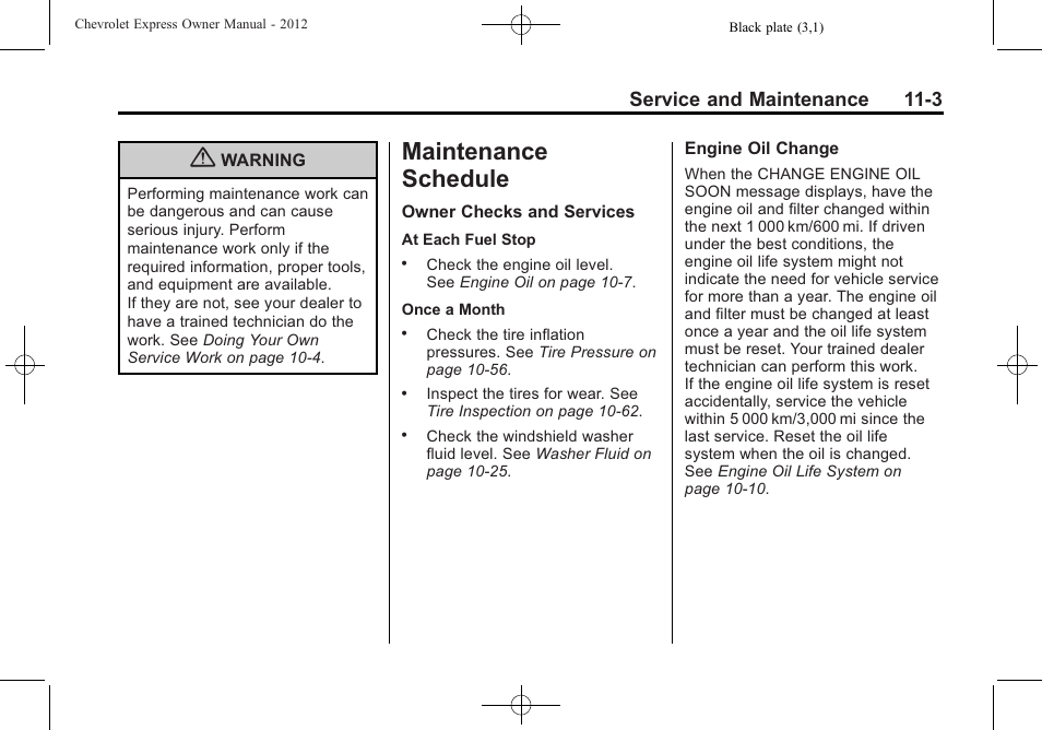 Maintenance schedule, Maintenance schedule -3, Service and maintenance 11-3 | CHEVROLET 2012 Express User Manual | Page 367 / 430