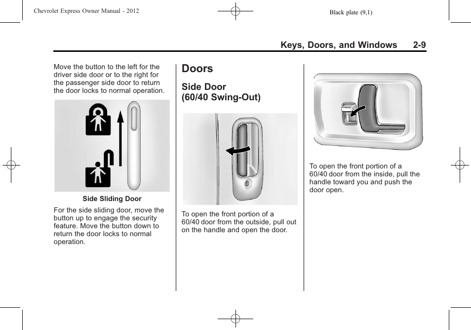 Doors, Side door (60/40 swing-out), Doors -9 | Side door (60/40, Swing-out) -9 | CHEVROLET 2012 Express User Manual | Page 37 / 430