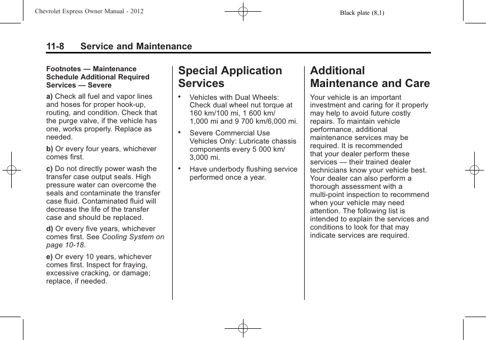 Special application services, Additional maintenance and care, Special application | Services -8, Additional maintenance, And care -8, 8 service and maintenance | CHEVROLET 2012 Express User Manual | Page 372 / 430