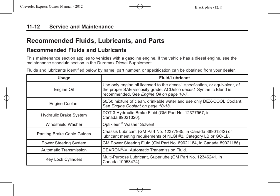 Recommended fluids, lubricants, and parts, Recommended fluids and lubricants, Recommended fluids | Lubricants, and parts -12, Recommended fluids and, Lubricants -12, 12 service and maintenance | CHEVROLET 2012 Express User Manual | Page 376 / 430