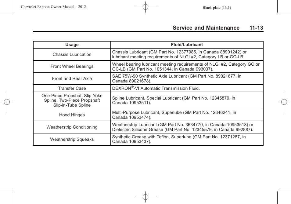 Service and maintenance 11-13 | CHEVROLET 2012 Express User Manual | Page 377 / 430