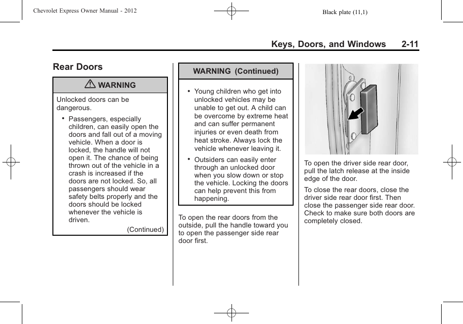 Rear doors, Rear doors -11, Keys, doors, and windows 2-11 | CHEVROLET 2012 Express User Manual | Page 39 / 430