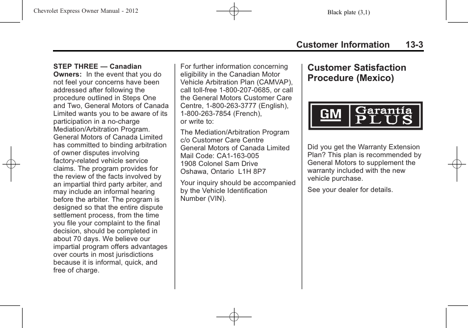 Customer satisfaction procedure (mexico), Customer satisfaction, Procedure (mexico) -3 | CHEVROLET 2012 Express User Manual | Page 391 / 430