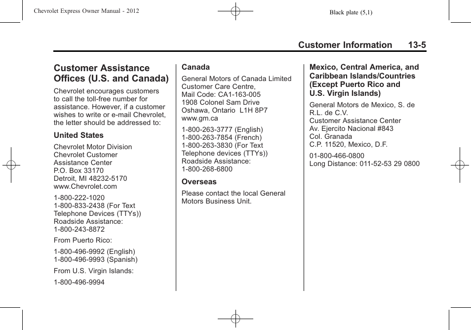 Customer assistance offices (u.s. and canada), Customer assistance offices, U.s. and canada) -5 | CHEVROLET 2012 Express User Manual | Page 393 / 430