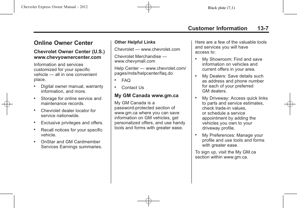 Online owner center, Online owner center -7, Privacy | Customer information 13-7 | CHEVROLET 2012 Express User Manual | Page 395 / 430