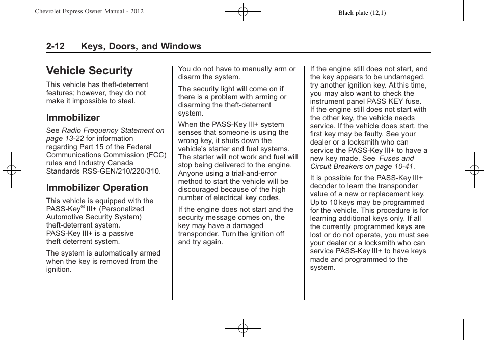 Vehicle security, Immobilizer, Immobilizer operation | Vehicle security -12, Instruments | CHEVROLET 2012 Express User Manual | Page 40 / 430