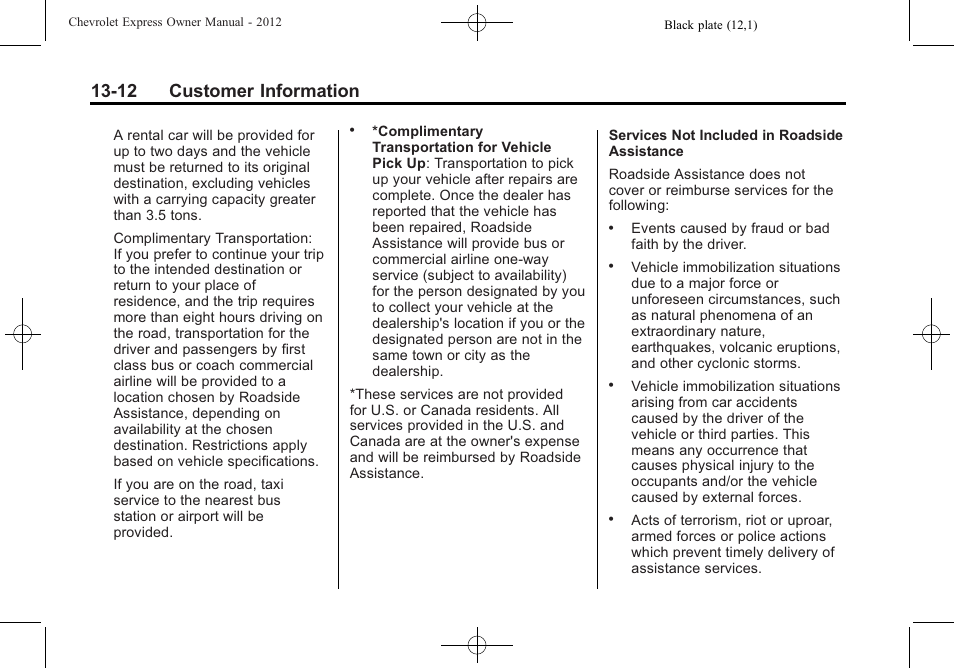 12 customer information | CHEVROLET 2012 Express User Manual | Page 400 / 430