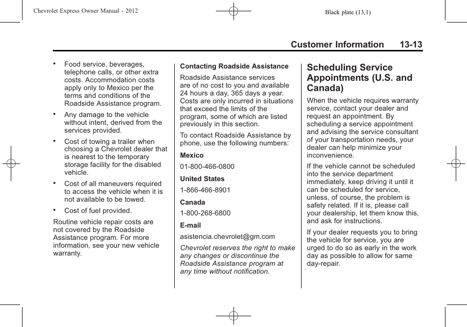 Scheduling service appointments (u.s. and canada), Scheduling service, Appointments (u.s. and canada) -13 | Customer information 13-13 | CHEVROLET 2012 Express User Manual | Page 401 / 430