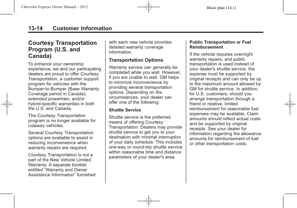 Courtesy transportation program (u.s. and canada), Courtesy transportation, Program (u.s. and canada) -14 | CHEVROLET 2012 Express User Manual | Page 402 / 430