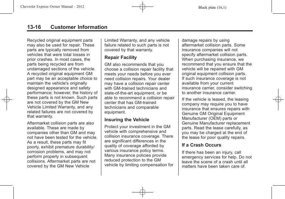 16 customer information | CHEVROLET 2012 Express User Manual | Page 404 / 430