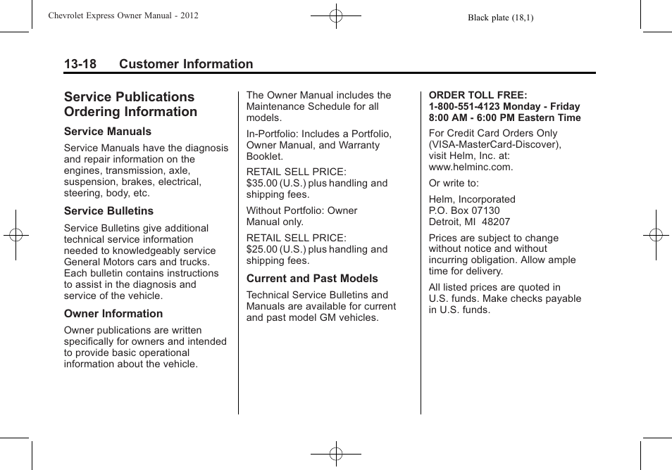 Service publications ordering information, Service publications, Ordering information -18 | 18 customer information | CHEVROLET 2012 Express User Manual | Page 406 / 430
