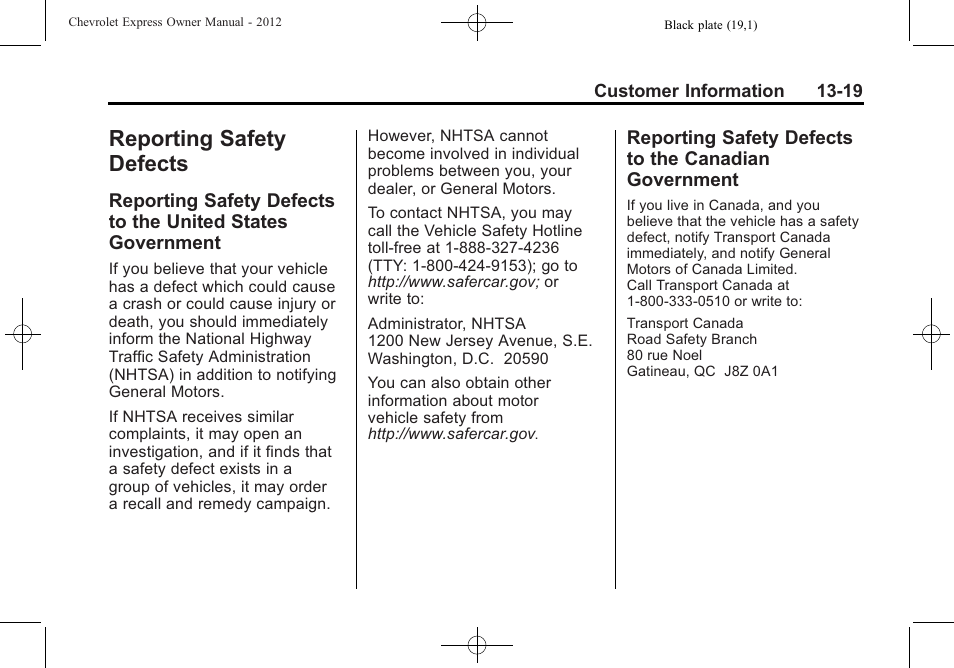 Reporting safety defects, Reporting safety defects -19, Reporting safety defects to | The united states government -19, Canadian government -19 | CHEVROLET 2012 Express User Manual | Page 407 / 430