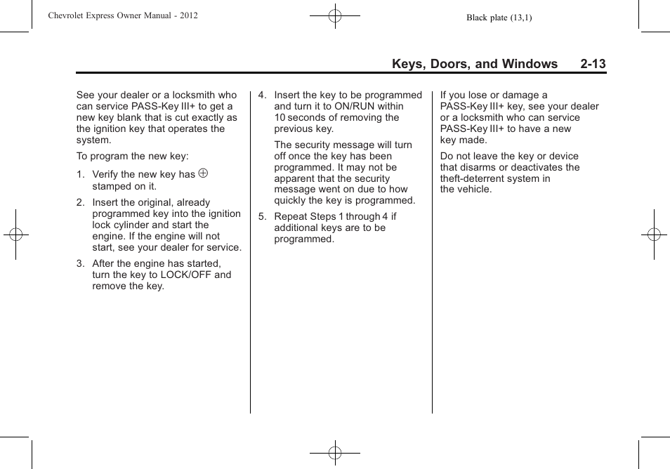 Keys, doors, and windows 2-13 | CHEVROLET 2012 Express User Manual | Page 41 / 430