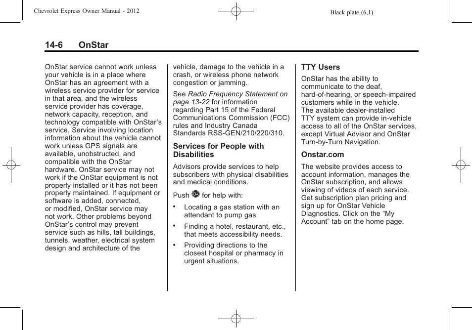 6 onstar | CHEVROLET 2012 Express User Manual | Page 416 / 430