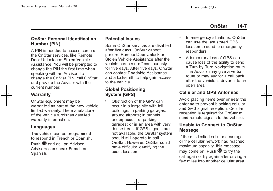 Onstar 14-7 | CHEVROLET 2012 Express User Manual | Page 417 / 430