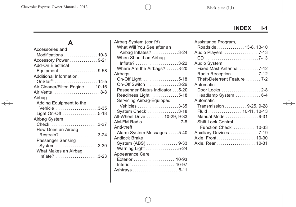 Index, Index_a, Index i-1 | CHEVROLET 2012 Express User Manual | Page 419 / 430
