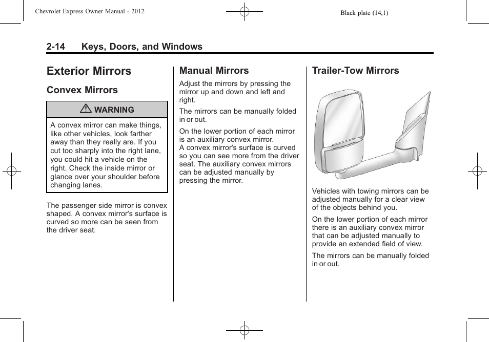 Exterior mirrors, Convex mirrors, Manual mirrors | Trailer-tow mirrors, Exterior mirrors -14 | CHEVROLET 2012 Express User Manual | Page 42 / 430