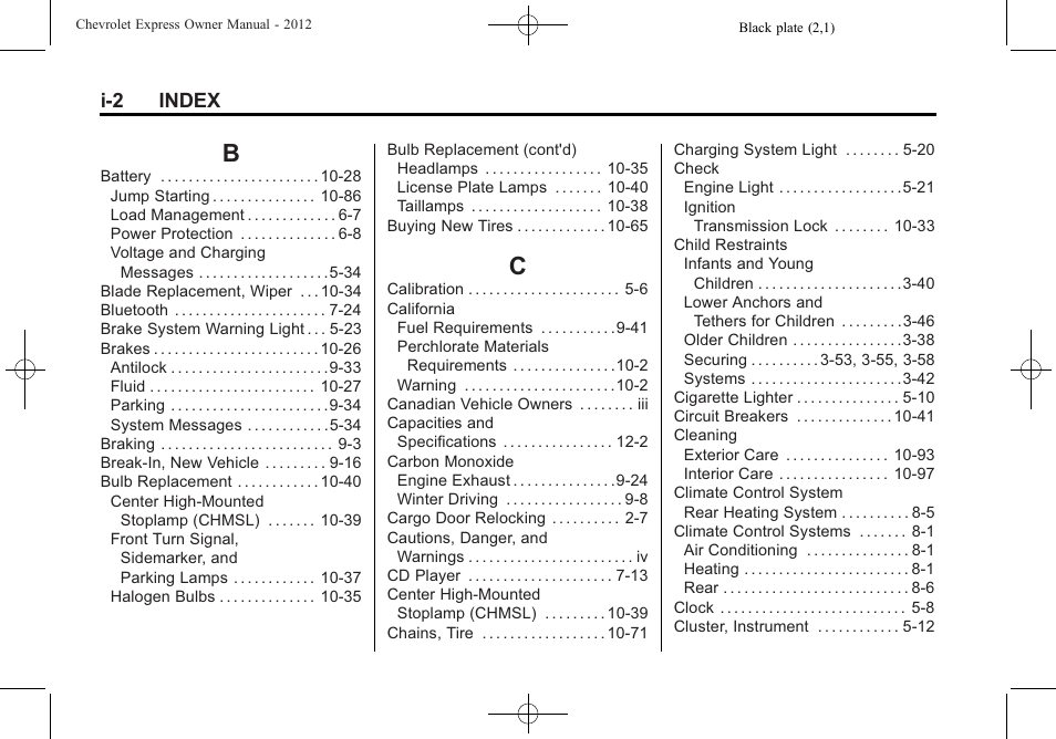 Index_b, Index_c, I-2 index | CHEVROLET 2012 Express User Manual | Page 420 / 430