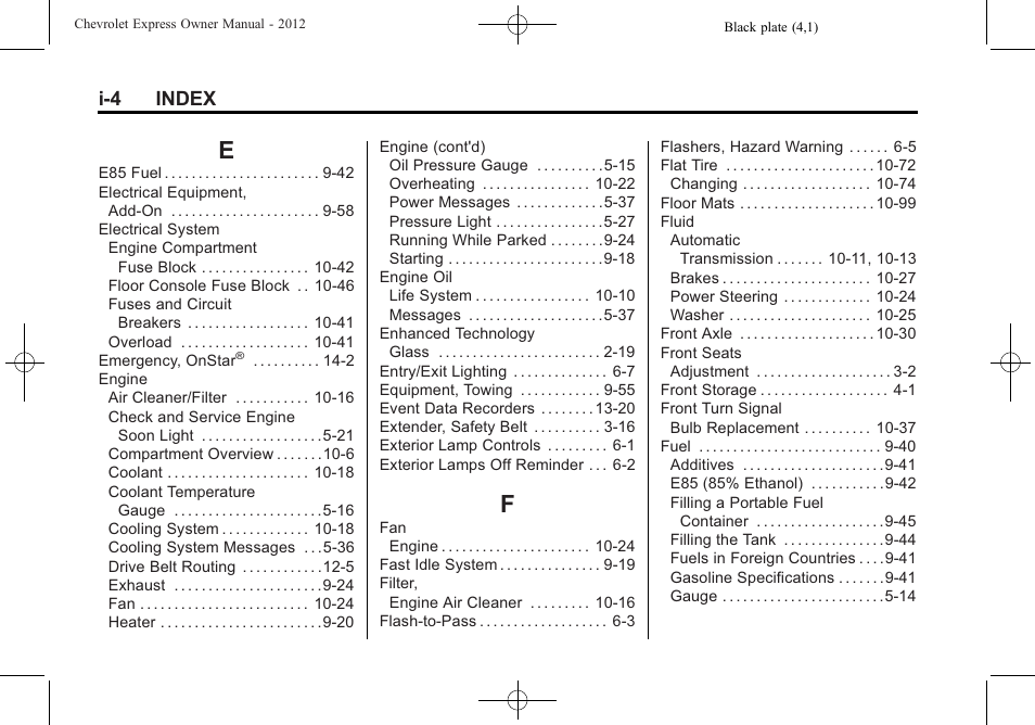 Index_e, Index_f, I-4 index | CHEVROLET 2012 Express User Manual | Page 422 / 430
