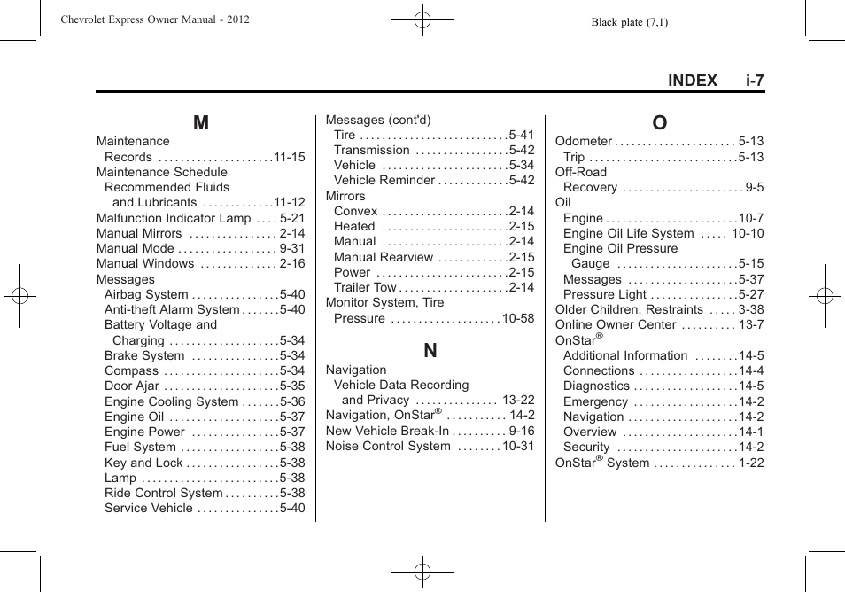 Index_m, Index_n, Index_o | Index i-7 | CHEVROLET 2012 Express User Manual | Page 425 / 430