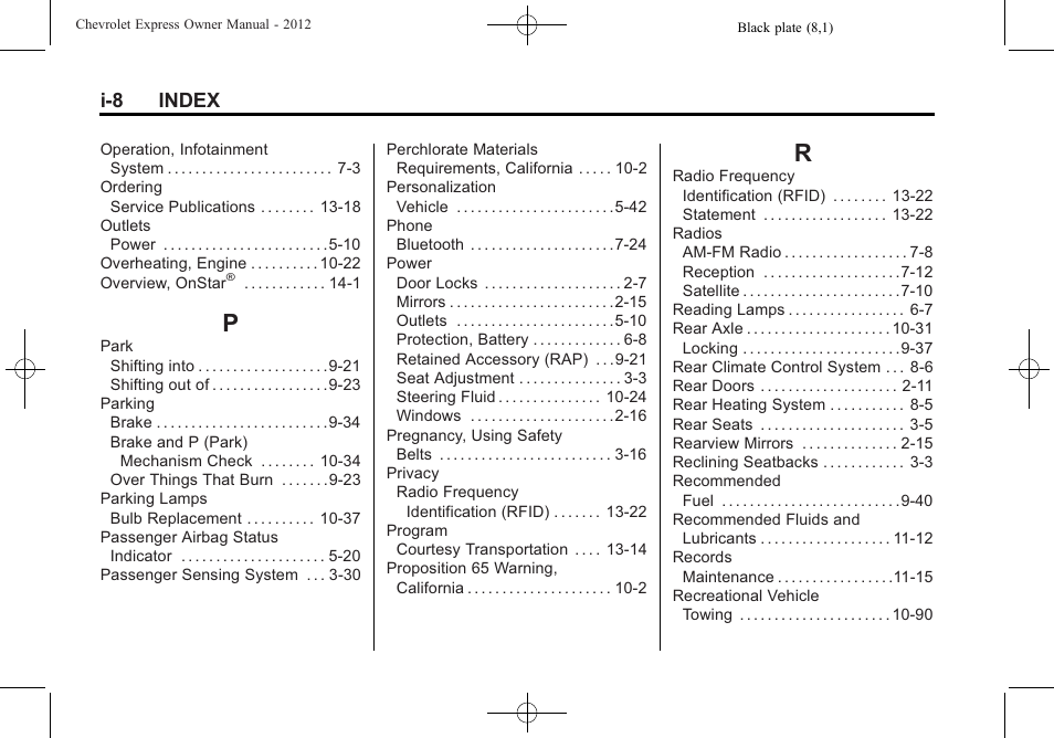 Index_p, Index_r, I-8 index | CHEVROLET 2012 Express User Manual | Page 426 / 430